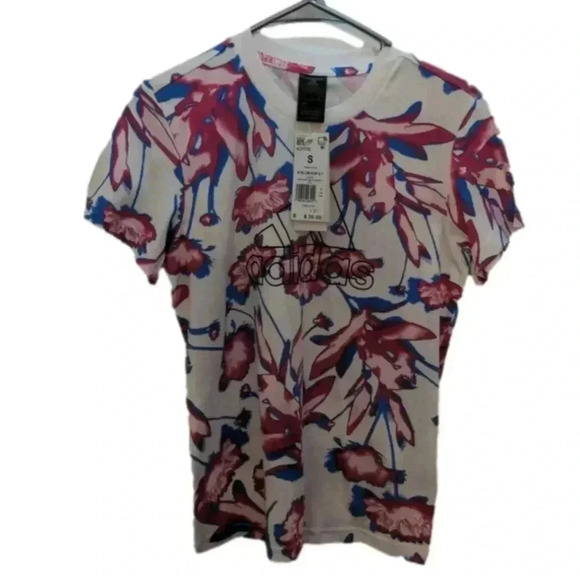 Adidas Women's Bloom Allover Print Tee-White/Pink/Blue - Picture 1 of 7